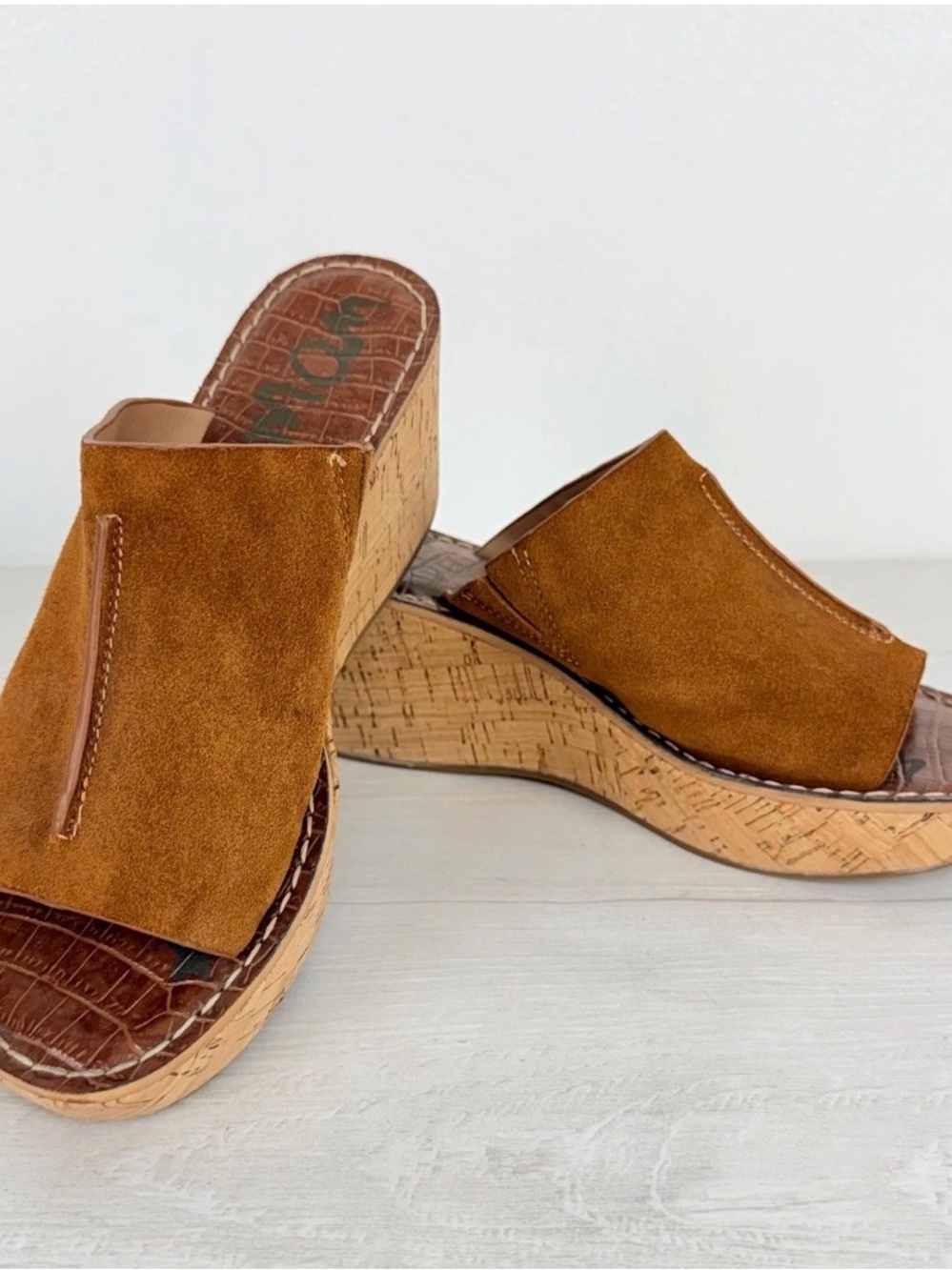 Sam Edelman Tan Suede Cork Wedge Slide Sandals